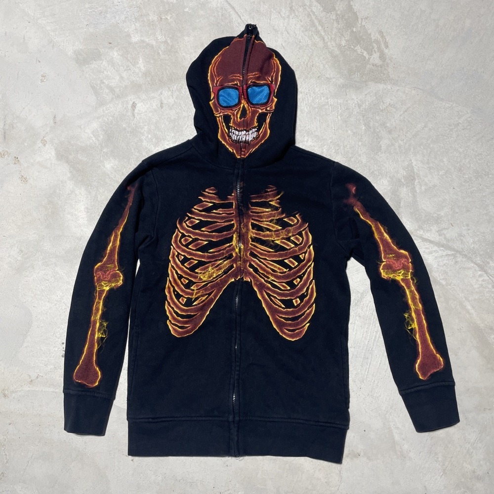 Y2K Grunge Skater Skull Full Zip Hawk AOP Hoodie SZ Small Teens Skater Pinkman